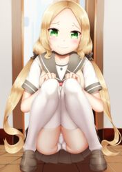  ass bad_id bad_pixiv_id blonde_hair blurry blush brown_footwear choker closed_mouth collarbone commentary depth_of_field female full_body green_eyes grey_skirt hatimiz head_tilt highres inubouzaki_fuu knees_together_feet_apart loafers long_hair looking_at_viewer low_twintails panties pantyshot parted_bangs pleated_skirt sanshuu_middle_school_uniform school_uniform serafuku shirt shoes short_sleeves skirt smile solo squatting sweater_vest thighhighs trefoil twintails underwear very_long_hair white_panties white_shirt white_thighhighs yuuki_yuuna_wa_yuusha_de_aru yuusha_de_aru 