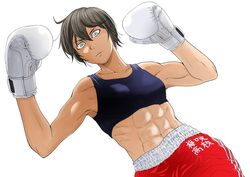  abs brown_hair dark_skin female glasses muscle muscular_female official_art saotome_senshu_hita_kakusu saotome_yae shorts solo sports_bra stomach tan tanned 