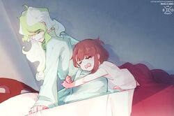  2girls bathrobe bed blanket blonde_hair blue_eyes brown_hair closed_eyes commentary_request diana_cavendish hug hug_from_behind kagari_atsuko little_witch_academia long_hair messy_hair milk_puppy multiple_girls pajamas under_covers yuri 