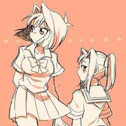  blazer bow breasts commentary_request domino_high_school_uniform hairbow jacket long_hair mazaki_anzu mommorua multiple_girls nosaka_miho ponytail school_uniform short_hair skirt standing yu-gi-oh! yu-gi-oh!_(toei) yu-gi-oh!_duel_monsters 