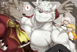  absurd_res anthro blue_eyes blush canid canine canis felid female fur grimoire_of_zero group hi_res holdem human male male/male mammal mercenary_(grimoire_of_zero) muscular muscular_male pantherine stripes tach8 tiger white_body white_fur wolf zero_(grimoire_of_zero) 