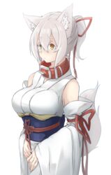  animal_ears bare_shoulders breasts collar cowboy_shot detached_sleeves female fox_ears fox_tail from_side hair_between_eyes large_breasts long_sleeves obi original ponytail sakura_inu sash solo tail white_hair wide_sleeves yellow_eyes 