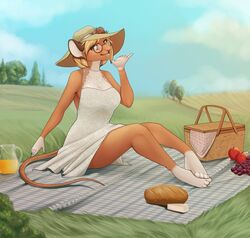  5_fingers anthro barefoot beverage biped blonde_hair breasts clothed clothing day digital_media_(artwork) eyewear feet female fingers food glasses grass hair hi_res juice_(beverage) mammal mouse murid murine orange_juice outside plant pontik_(dannfirefeet) robyn_paperdoll rodent shaded sitting sky solo 