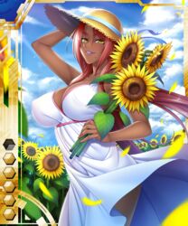  breasts card_(medium) curvy dark_skin female female hat ingrid_(taimanin_asagi) kagami_hirotaka large_breasts lilith-soft long_hair looking_at_viewer no_bra pink_hair shiny_skin sky smile solo taimanin_(series) taimanin_asagi taimanin_asagi_battle_arena taimanin_asagi_battle_arena_all_card_gallery wind 