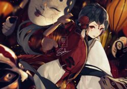  2019 bad_id bad_pixiv_id bell black_hair blurry chinese_new_year commentary_request depth_of_field eyeliner facepaint female forehead_jewel from_side hair_ornament hair_ribbon happy_new_year jingle_bell lantern layered_sleeves light_smile lipstick long_hair long_sleeves looking_at_viewer low_ponytail makeup mask menreiki motion_blur new_year noh_mask onmyoji pom_pom_(clothes) ponytail red_eyes red_lips red_ribbon ribbon saika_ryougi short_over_long_sleeves short_sleeves sleeves_past_fingers sleeves_past_wrists smile solo tassel unworn_mask upper_body very_long_hair 