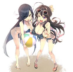  2girls :d :o ahoge ball beachball bikini black_hair bow bracelet breasts cleavage commentary_request double_v eyes_visible_through_hair eyewear_on_head frilled_bikini frills full_body hair_over_one_eye hairbow hayashimo_(kancolle) hidori_(hibi_toridori) jewelry kantai_collection large_breasts leaning_forward multicolored_hair multiple_girls naganami_(kancolle) one_eye_closed open_mouth pigeon-toed pink_hair purple_eyes side-tie_bikini_bottom smile standing sunglasses swimsuit two-tone_hair v white_background yellow_eyes 