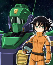  alternate_hairstyle bags_under_eyes black_hair blush_stickers commentary cosplay crossover female folded_ponytail frown green_eyes gundam hair_up helmet highres holding holding_helmet kuroki_tomoko mecha mobile_suit name_connection nemo_(mobile_suit) object_namesake pilot_suit pun robot science_fiction sidelocks solo watashi_ga_motenai_no_wa_dou_kangaetemo_omaera_ga_warui! zatou_(kirsakizato) zeta_gundam 