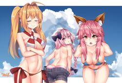  1boy 2girls ahoge animal_ears ass back bare_back bare_shoulders beach bikini blonde_hair blush bow braid breasts caster_(fate/extra) cleavage closed_eyes denim denim_shorts fate/apocrypha fate/grand_order fox_ears hair_ribbon hairbow large_breasts leaning leaning_forward long_hair looking_at_viewer looking_back multiple_girls nero_claudius_(swimsuit)_(fate) nero_claudius_(swimsuit_caster)_(fate) oerba_yun_fang open_mouth orange_eyes panties parted_lips pink_hair ribbon rider_of_black saber_extra shiny shiny_hair shorts shorts_pull single_braid smcy smile swimsuit tamamo_no_mae_(swimsuit_lancer)_(fate) trap twintails very_long_hair 