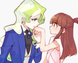  2girls blonde_hair blue_eyes blue_jacket blush brown_eyes brown_hair commentary_request cuff_links diana_cavendish dress earrings formal jacket jewelry kagari_atsuko kissing kissing_hand little_witch_academia milk_puppy multiple_girls necktie pant_suit pants pink_dress smile suit yuri 