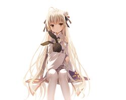  ahoge bare_shoulders blonde_hair blush brown_eyes button_eyes buttons closed_mouth commentary_request cosplay emilia_(re:zero) emilia_(re:zero)_(cosplay) female flower gem grey_hair hair_flower hair_ornament highres invisible_chair jiji_(381134808) kasugano_sora long_hair long_sleeves looking_at_viewer pantyhose re:zero_kara_hajimeru_isekai_seikatsu sitting skirt solo stuffed_animal stuffed_rabbit stuffed_toy very_long_hair white_flower white_pantyhose wide_sleeves yosuga_no_sora 