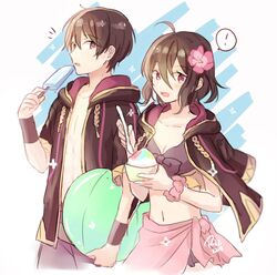  ! 1boy ball beachball black_hair breasts cleavage commentary dinikee dual_persona english_commentary female fire_emblem fire_emblem_awakening fire_emblem_heroes flower food hair_flower hair_ornament highres holding holding_spoon hood hood_down ice_cream morgan_(female)_(fire_emblem) morgan_(fire_emblem) morgan_(male)_(fire_emblem) navel open_clothes open_mouth pink_flower pink_sarong popsicle red_eyes sarong shaved_ice short_hair smile spoken_exclamation_mark spoon swimsuit wristband 