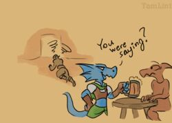  animated blue_body blue_scales clothing english_text female fight humanoid kobold lasi male orc scales scalie short_playtime simple_background tamlin123 text 