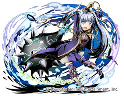  :o arms_up blue_eyes brown_gloves chains commentary_request divine_gate divine_gate_zero female full_body gloves grey_hair holding holding_weapon jacket long_hair mace magic official_art purple_jacket purple_thighhighs side_ponytail solo standing subaru_(hz) thighhighs watermark weapon 