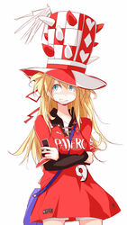  aqua_eyes bag black_shirt blonde_hair chin_strap coat collarbone commentary cowboy_shot crossed_arms female hair_between_eyes hat highres j._league long_hair long_sleeves open_collar original red_coat shirt shorts shoulder_bag smile soccer soccer_uniform solo sportswear top_hat toutou urawa_red_diamonds white_background white_shorts 