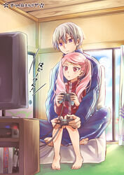  1boy barefoot bekkourico blue_jacket blue_pants blush commentary_request controller couple female game_controller hair_between_eyes holding holding_controller holding_game_controller indian_style indoors jacket kakumeiki_valvrave l-elf lieselotte_w._dorssia long_sleeves pants parted_bangs parted_lips pink_hair playing purple_eyes red_eyes red_jacket silver_hair sitting straight track_jacket track_pants track_suit twintails 