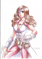  beatrix_(ff9) belt breasts brown_eyes brown_hair cleavage closed_mouth commentary_request eyepatch female final_fantasy final_fantasy_ix long_hair pantyhose sio2_(nisankakeiso) solo sword weapon 