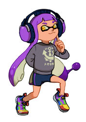  :3 arm_behind_back bike_shorts commentary_request female finger_to_own_chin full_body gun headphones inkling inkling_girl inkling_player_character luna_blaster_(splatoon) monster_girl pointy_ears purple_hair shoes smile sneakers solo splatoon_(series) splatoon_1 sweater tentacle_hair viibean weapon yellow_eyes 