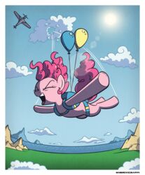  2016 aircraft airplane attached_to_balloon balloon balloon_support border closed_eyes equid equine female feral friendship_is_magic hair hanging_from_balloon hasbro hi_res horse inflatable inflatable_support mammal my_little_pony open_mouth open_smile outside pink_hair pinkie_pie_(mlp) pony skydiving smile solo sun vehicle wandrevieira1994 white_border 