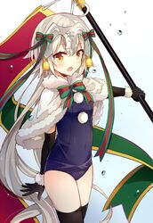  bad_id bad_pixiv_id bell black_gloves black_thighhighs blush bow capelet commentary_request cowboy_shot elbow_gloves fate/grand_order fate_(series) female flag fur_trim gloves headpiece holding holding_flag jeanne_d&#039;arc_alter_santa_lily_(fate) jeanne_d&#039;arc_alter_santa_lily_(summer_little)_(fate) long_hair multicolored_bow one-piece_swimsuit open_mouth pom_pom_(clothes) school_swimsuit solo swimsuit thighhighs very_long_hair water_drop white_hair yellow_eyes yimu 