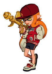  aerospray_(splatoon) bike_shorts commentary_request female full_body hat inkling inkling_girl inkling_player_character jacket monster_girl orange_eyes orange_hair pointy_ears shoes sneakers solo splatoon_(series) splatoon_1 super_soaker tentacle_hair tongue tongue_out viibean 