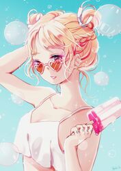  aqua_background arm_behind_back arm_up blonde_hair braid breasts brown_eyes brown_hair bubble collarbone crop_top double_bun eyebrows_visible_through_hair food girls&#039;_generation hair_ribbon heart heart-shaped_eyewear highres parted_lips popsicle real_life ribbon signature sm_entertainment small_breasts solo sparkle star_tattoo taeyeon_(girls&#039;_generation) tattoo triangle updo upper_body wavy_hair yennineii 