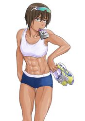  abs brown_hair dark_skin female glasses muscle muscular_female official_art saotome_senshu_hita_kakusu saotome_yae shorts solo sports_bra stomach tan tanned 