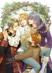  3boys androgynous ascot belt blue_eyes blue_hair boots branch brown_hair cape commentary_request epaulettes female flat_chest food fruit grapes green_eyes holding_hands hood hug les_fleursword long_hair male_harem minamibe multiple_boys ponytail puffy_sleeves reverse_trap smile smirk straight waist_hug yellow_eyes 