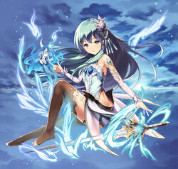  2girls barefoot black_legwear blue_eyes blue_hair blue_sky cloud commentary_request detached_sleeves fairy hair_ornament long_hair looking_at_viewer md5_mismatch multiple_girls original outdoors photoshop_(medium) sky sword takanori_yamada tenkuu_no_craft_fleet toeless_legwear toes weapon 