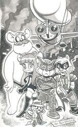  aircraft anthro arthropod buckteeth chip_&#039;n_dale_rescue_rangers chip_(disney) chipmunk cigar clothed clothing crossover dale_(disney) disney doctor_manhattan eyewear eyewear_on_head female fly_(animal) gadget_hackwrench goggles ground_squirrel group gun insects legwear looking_at_viewer male mammal mask monochrome monterey_jack_(cdrr) mouse murid murine nite_owl polo_jasso ranged_weapon rodent rorschach sciurid silk_spectre teeth the_comedian vehicle watchmen weapon zipper_(cdrr) 