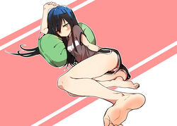  absurdres arm_at_side arm_up artistic_error bad_perspective bare_legs barefoot black_hair blue_hair blush breasts bural_chingu commentary dolphin_shorts feet female foreshortening full_body hair_between_eyes highres ju_hyeon-mi korean_commentary long_hair looking_at_viewer luke_(dydansgur) lying on_side one_eye_closed panties pantyshot pink_panties short_shorts short_sleeves shorts sidelocks simple_background small_breasts soles solo toes underwear upshorts wrong_foot yellow_eyes 