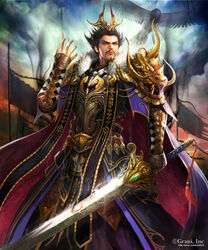  1boy armor bird brown_hair cao_cao commentary_request dragon facial_hair falcon flag gauntlets glint headpiece highres holding holding_weapon kei1115 looking_afar male_focus moustache official_art outdoors photoshop_(medium) red_eyes shingoku_no_valhalla_gate solo sword tassel watermark weapon web_address 