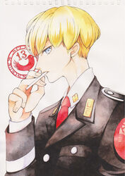  1boy absurdres acca_13-ku_kansatsu-ka bad_id bad_pixiv_id blonde_hair blue_eyes cigarette commentary_request copyright_name hand_up highres jean_otus logo long_sleeves looking_at_viewer male_focus necktie photoshop_(medium) red_necktie smoking suruga_(29315) traditional_media uniform upper_body white_background 