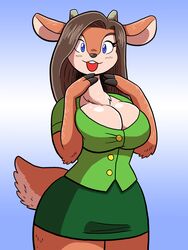  2016 3:4 anthro big_breasts blue_eyes bottomwear breasts brown_hair business_suit cleavage clothed clothing deer female grepstrash hair hi_res horn long_hair looking_at_viewer mammal open_mouth simple_background skirt smile solo suit 