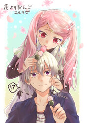  1boy 3: bekkourico black_ribbon blue_shirt braid cheek_pinching cherry_blossoms collarbone commentary_request couple dango dress dress_shirt earrings female flower food hair_flower hair_ornament holding holding_food jewelry kakumeiki_valvrave l-elf lieselotte_w._dorssia long_hair long_sleeves makeup open_clothes open_shirt parted_bangs pinching pink_flower pink_hair red_eyes ribbed_dress ribbon sanshoku_dango shirt short_dress standing straight striped_clothes striped_shirt sweatdrop twintails upper_body wagashi white_dress 