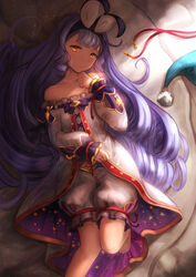  bare_shoulders bloomers blue_hair collarbone commentary_request female granblue_fantasy hair_ribbon hat highres long_hair long_sleeves lying mizushia nail_polish on_back open_mouth orange_eyes phoebe_(granblue_fantasy) photoshop_(medium) red_ribbon ribbon solo star_(symbol) star_print toenail_polish toenails underwear unworn_hat unworn_headwear very_long_hair 