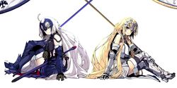  2girls armor bare_shoulders black_gloves black_legwear blonde_hair blush boots breasts chains closed_mouth commentary_request dual_persona elbow_gloves fate/apocrypha fate/grand_order fate_(series) flag from_side full_body fur_trim gauntlets gloves greaves hand_on_own_leg headpiece high_heel_boots high_heels highres iwasaki_takashi jeanne_d&#039;arc_(fate) jeanne_d&#039;arc_(third_ascension)_(fate) jeanne_d&#039;arc_alter_(avenger)_(fate) jeanne_d&#039;arc_alter_(avenger)_(third_ascension)_(fate) jeanne_d&#039;arc_alter_(fate) long_hair looking_at_viewer medium_breasts midriff multiple_girls pale_skin simple_background sitting smile sword thighhighs underbust vambraces very_long_hair weapon white_background white_hair yellow_eyes 