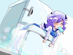  closed_eyes commentary_request dress female food hat letty_whiterock light_purple_hair popsicle refrigerator shinapuu short_hair solo touhou 