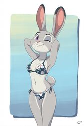  2018 anthro athletic athletic_anthro athletic_female bikini bikini_top bottomwear breasts cleavage clothed clothing deaffinity deannart disney eyelashes female fur grey_body grey_fur hands_behind_head hi_res judy_hopps lagomorph leporid looking_at_viewer mammal medium_breasts one_eye_closed pose purple_eyes rabbit shorts side-tie_bikini side-tie_clothing side-tie_swimwear simple_background smile solo standing string_bikini swimwear triangle_bikini unavailable_at_source wink zootopia 