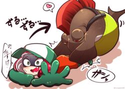  1boy cohock_(splatoon) female green_eyes hat heart inkling nintendo open_mouth overalls pink_hair red_eyes runapiero salmonid short_hair splatoon splatoon_2 spoken_heart translation_request 