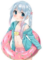  3: absurdres bikini bikini_skirt blush breasts cacao_(chocolat) closed_mouth commentary_request cowboy_shot doughnut_innertube eromanga_sensei female gradient_hair grey_hair highres hood hoodie innertube izumi_sagiri long_hair looking_at_viewer multicolored_hair open_clothes open_hoodie pink_bikini ponytail sidelocks simple_background small_breasts solo swim_ring swimsuit tareme white_background 