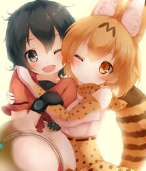  2girls ;d animal_ears backlighting black_eyes black_gloves blush bow bowtie commentary_request fur_collar gengetsu_chihiro gloves hair_between_eyes hat helmet high-waist_skirt holding holding_clothes holding_hat hug kaban_(kemono_friends) kemono_friends multiple_girls one_eye_closed open_mouth orange_bow orange_bowtie orange_eyes orange_hair photoshop_(medium) pith_helmet print_bow print_bowtie red_shirt serval_(kemono_friends) serval_print shirt short_hair short_sleeves skirt sleeveless sleeveless_shirt smile striped_tail t-shirt tail unworn_hat unworn_headwear 