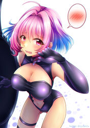  ahoge black_leotard blue_hair blurry blush bokeh breasts chromatic_aberration cleavage cleavage_cutout clenched_hand clothing_cutout collarbone commentary cosplay covered_collarbone cowboy_shot depth_of_field elbow_gloves embarrassed fate/grand_order fate_(series) female from_above gloves gorget gradient_hair groin_tendon hair_between_eyes hair_intakes halterneck hand_up hip_focus holding holding_shield idolmaster idolmaster_cinderella_girls large_breasts leaning_forward leotard looking_at_viewer mash_kyrielight mash_kyrielight_(cosplay) md5_mismatch multicolored_clothes multicolored_hair navel navel_cutout oerba_yun_fang open_mouth photoshop_(medium) pink_eyes pink_hair purple_gloves raised_eyebrows ryusei2u shield short_hair sideways_glance simple_background solo speech_bubble spoken_blush standing taut_clothes thigh_strap thighhighs twitter_username wavy_mouth white_background yumemi_riamu 