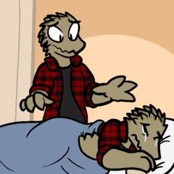  1:1 2017 aliasing ambiguous_gender anthro bed bodily_fluids clothed clothing crying ctrl+alt+del digital_media_(artwork) duo flannel furniture lizard lizard_(trout) loss lying meme parody pattern_clothing phrynosomatid plaid reptile scalie shirt spiny_lizard tears topwear trout_(artist) western_fence_lizard worried 