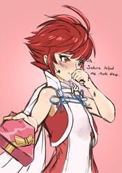  chocolate deekei embarrassed female fire_emblem fire_emblem_if hinoka_(fire_emblem_if) nintendo red_hair short_hair solo tagme 