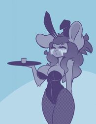  2017 anthro bat big_breasts blue_hair blush breasts bunny_costume clothed clothing costume female fur glass glowing glowing_flesh grey_body grey_fur hair hi_res huge_breasts limebreaker mammal michi_tsuki solo tray 