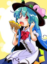  blue_hair bow commentary_request eating female food fruit hat highres hinanawi_tenshi long_hair open_mouth peach red_eyes shinapuu solo teeth touhou tucking_hair very_long_hair 