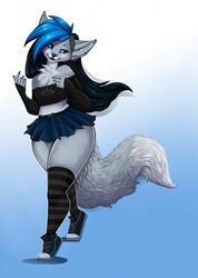  anthro blue_eyes blue_hair bottomwear canid canine chest_tuft clothing crop_top digital_media_(artwork) domestic_cat ear_piercing felid feline felis female fox fur grey_body grey_fur hair hi_res hybrid mammal midriff miniskirt piercing robyn_paperdoll shaded sheazu shirt simple_background skirt solo topwear tuft wide_hips 