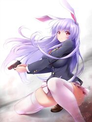  animal_ears bad_id bad_twitter_id blazer blouse blush breasts buttons commentary_request extra_ears female gun handgun highres holding holding_gun holding_weapon jacket large_breasts long_hair long_sleeves looking_at_viewer midoriiro_no_shinzou necktie pink_thighhighs pleated_skirt purple_hair rabbit_ears red_eyes reisen_udongein_inaba shirt shoes sig_p220/p226 sig_sauer skirt solo squatting thick_thighs thighhighs thighs touhou weapon zettai_ryouiki 