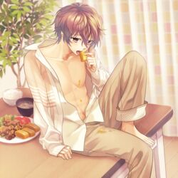  1boy baklava barefoot bowl brown_eyes brown_hair brown_pants burakon! commentary_request curtains eating food holding holding_food honey indoors jacket looking_at_viewer male_focus minamibe navel official_art omelet on_table pants rice_bowl sitting solo soup suggestive_fluid table tamagoyaki tomato tree unbuttoned unbuttoned_shirt 