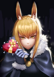  animal_ear_fluff animal_ears bad_id bad_pixiv_id blonde_hair bobomaster box cloak female fur_trim heart-shaped_box holding long_hair looking_at_viewer photoshop_(medium) pixiv_fantasia pixiv_fantasia_last_saga quintica_chief_of_the_polar_night rabbit_ears smile solo upper_body yellow_eyes 